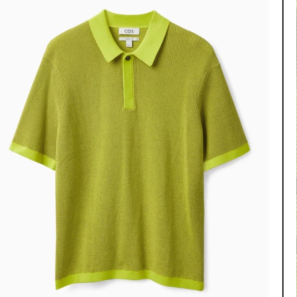 COS Men’s Bright Lime Green Organic Cotton Polo Sweater Waffle Knit Top M